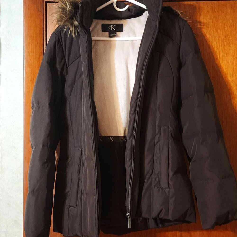 Calvin Klien  Womens Small WINTER Jacket  Brown with Black Faux Fur trim on hood
